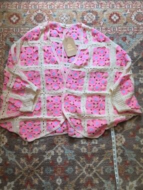 Original USA Crochet Open-Front Womens Cardigan Sweater - Pink & Cream 2